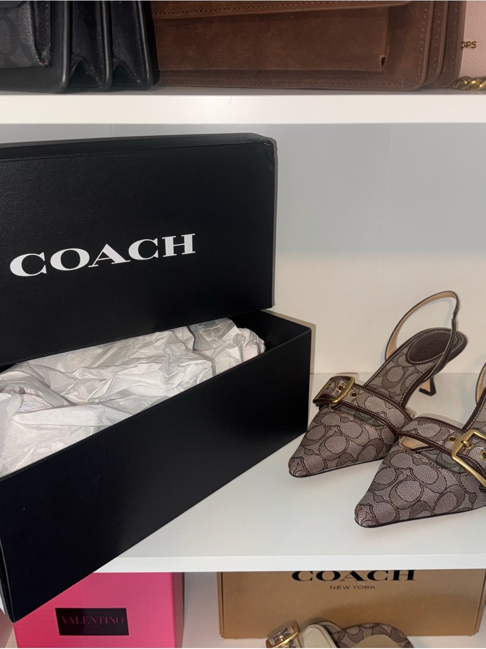 Coach Brown Logo Pointed Slingback Flats with Gold Buckle - Picture 4 of 6